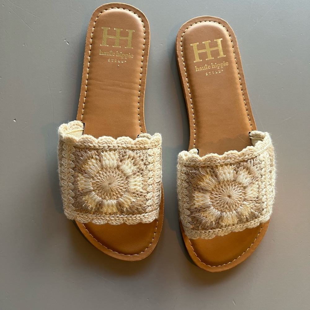 Haute Hippie Cream Crochet Sandals with Textured Design